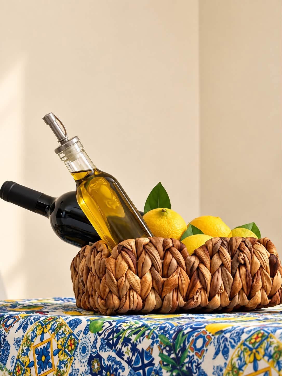 Il cesto di benvenuto con vino, olio e limoni